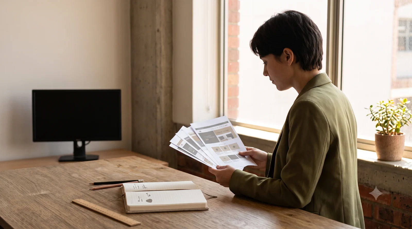 Two people reviewing printed design material together in a bright workspace.