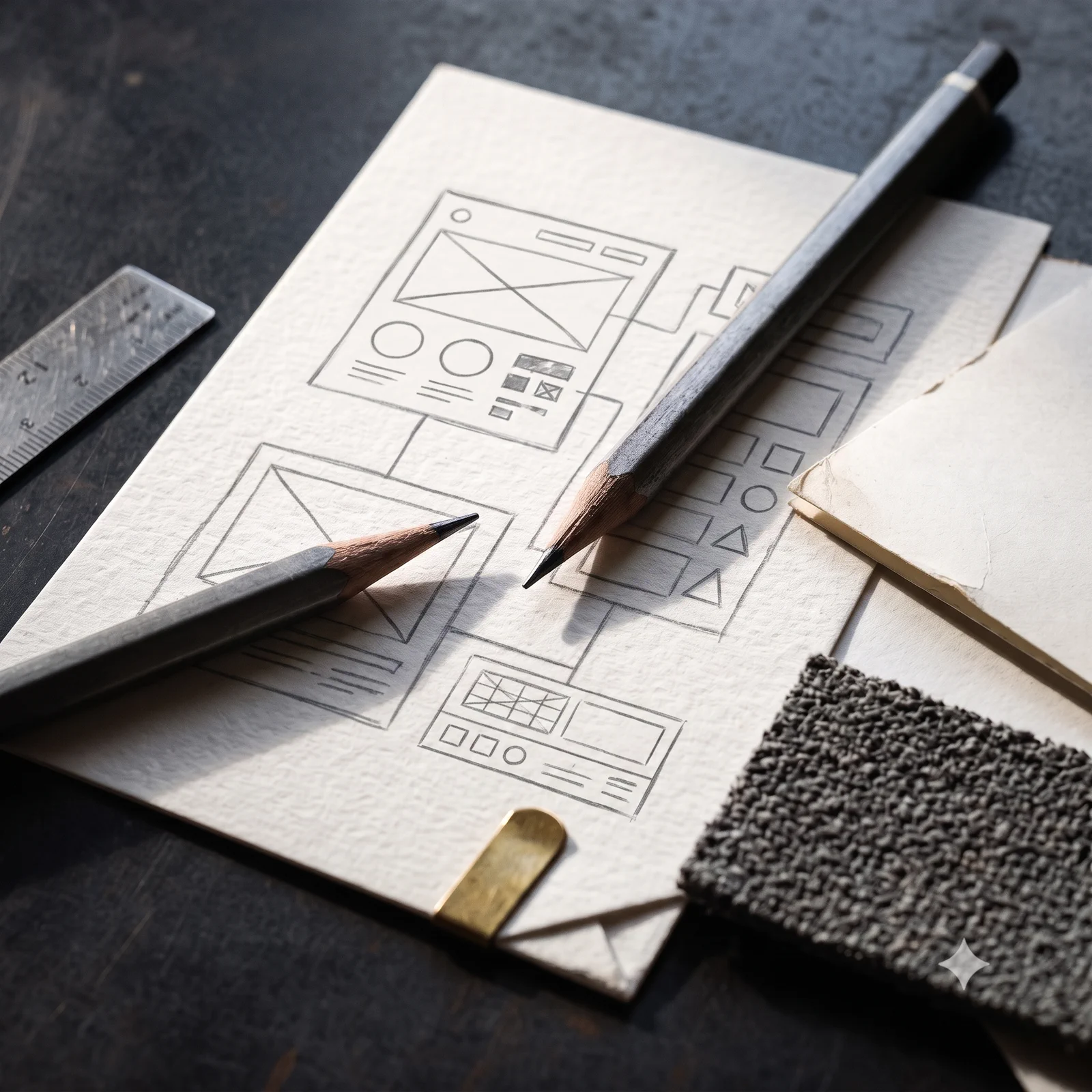 Paper website wireframes, pencils and material samples arranged on a worktable.