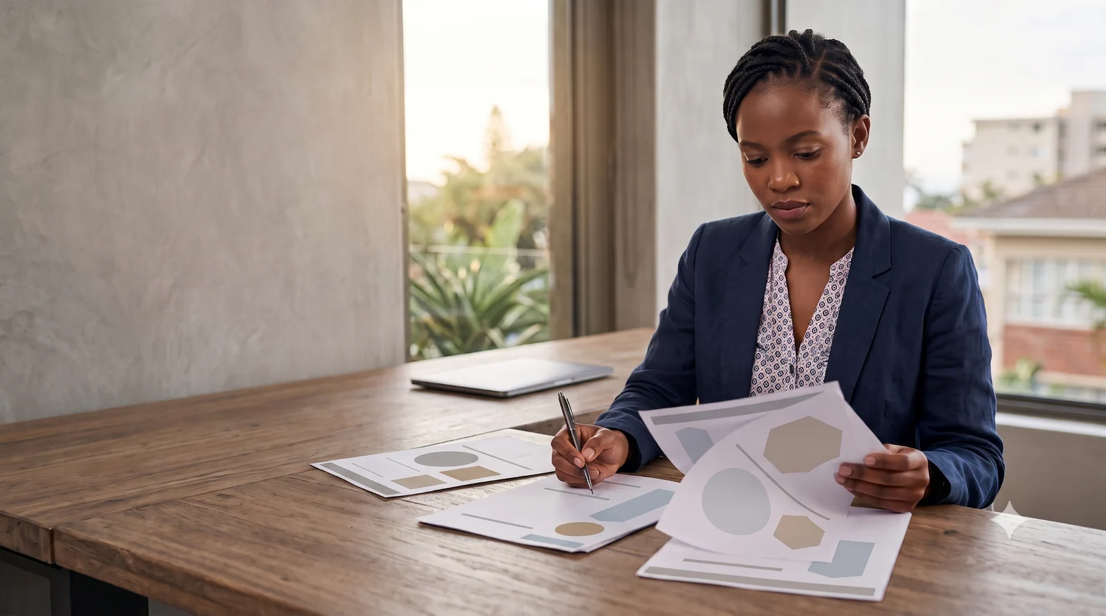 A reviewer examining prepared documents before a human decision.