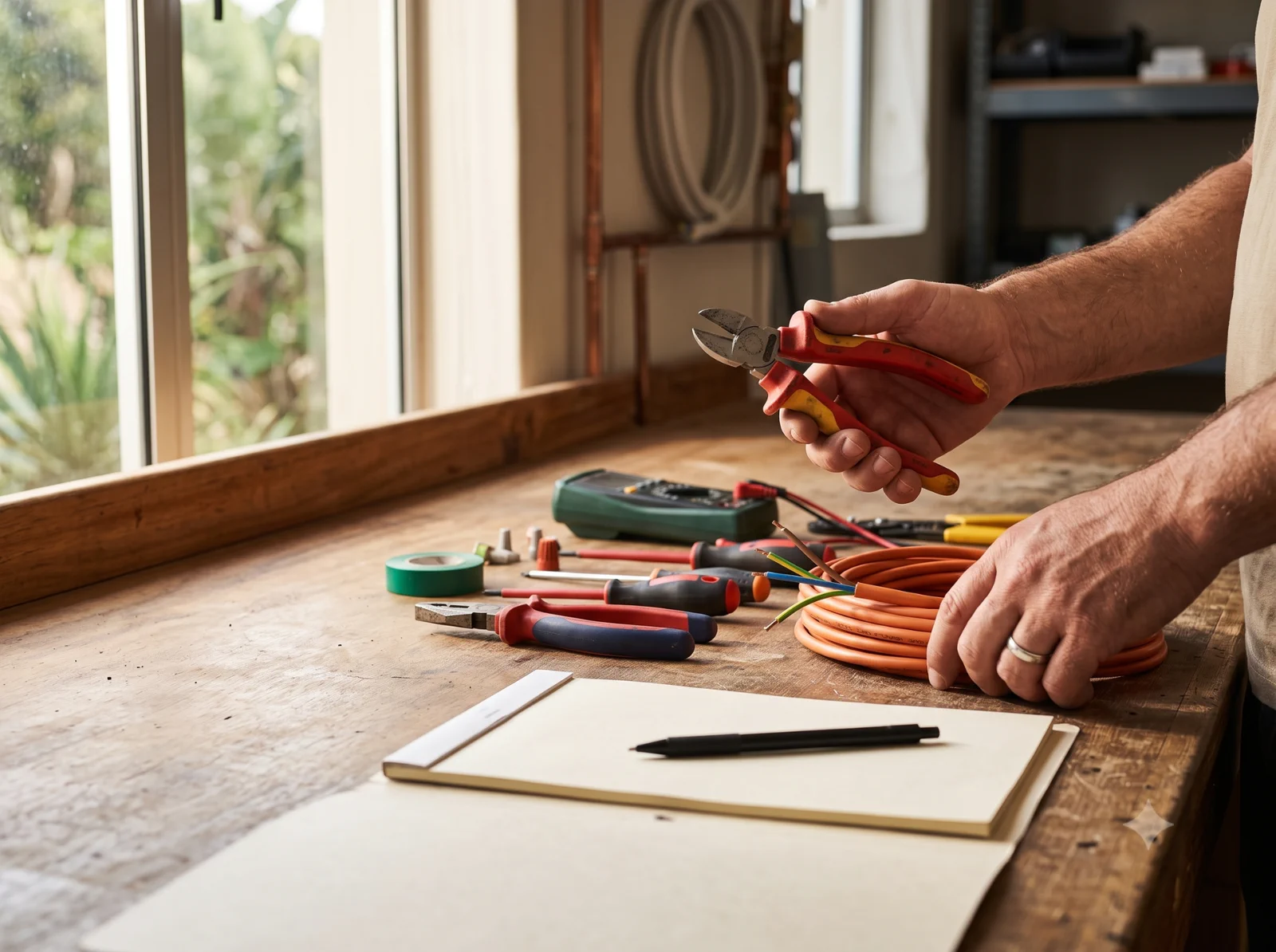 An electrician preparing tools and notes at a workshop bench.