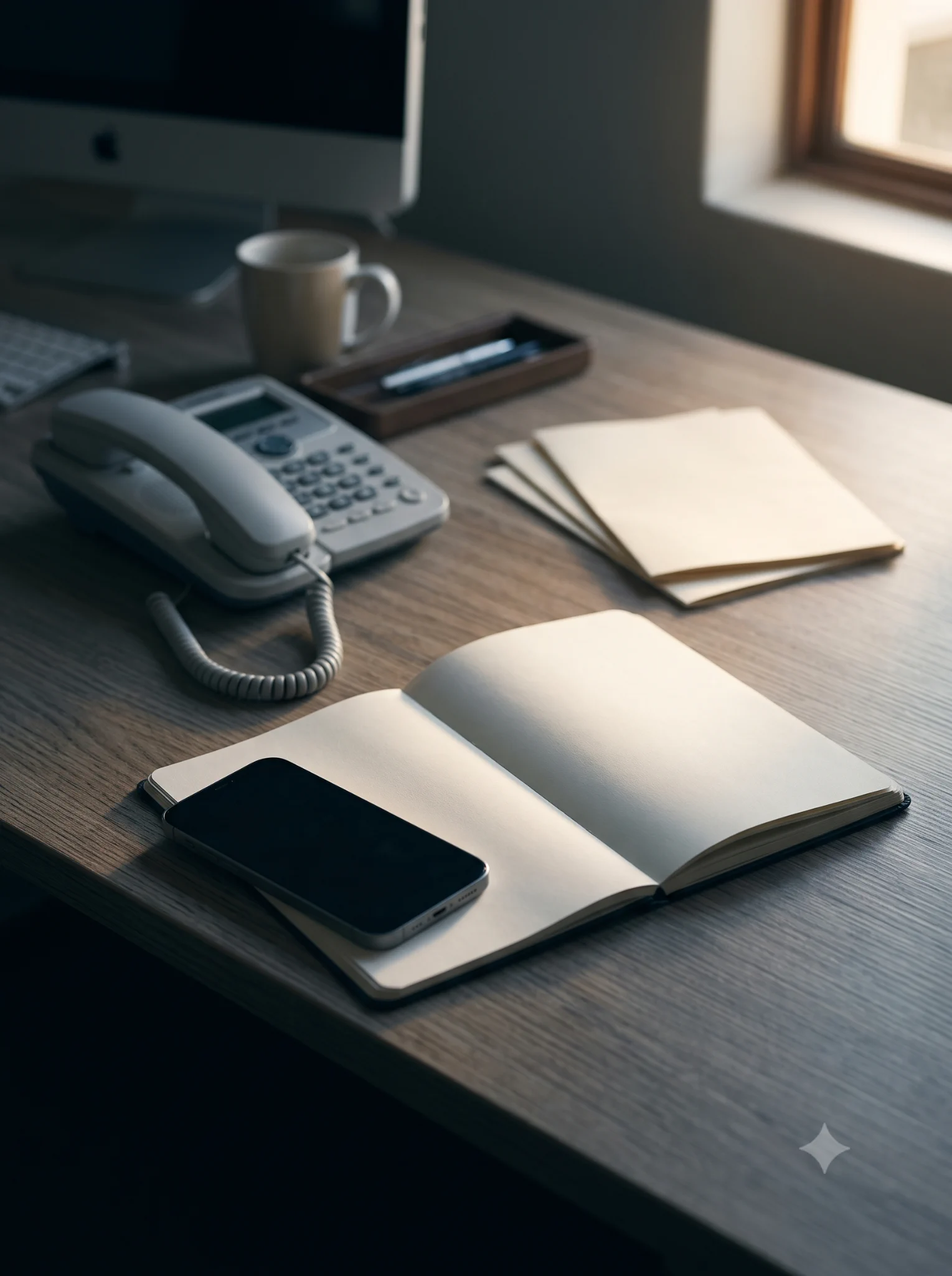 A desk with a phone, open notebook and office telephone, illustrating a missed enquiry review.