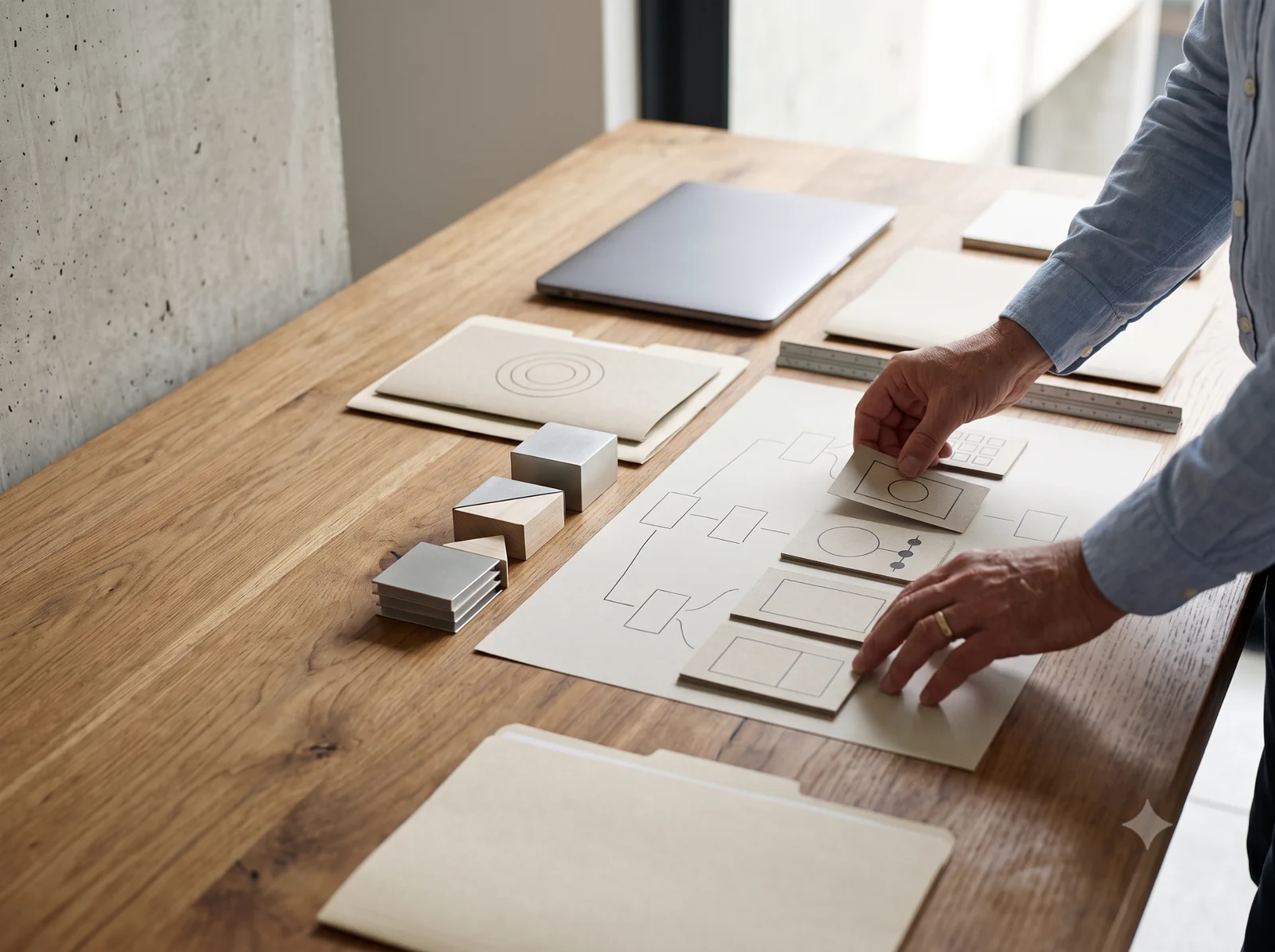 Hands arranging simple cards on a paper workflow during a planning session.