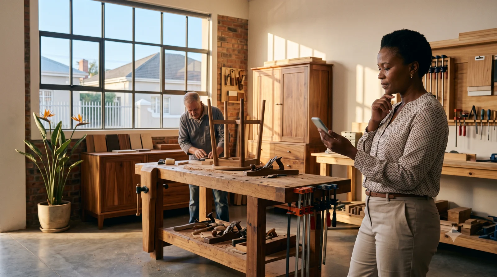 A service business owner reviewing information on her phone while work continues in a furniture workshop.